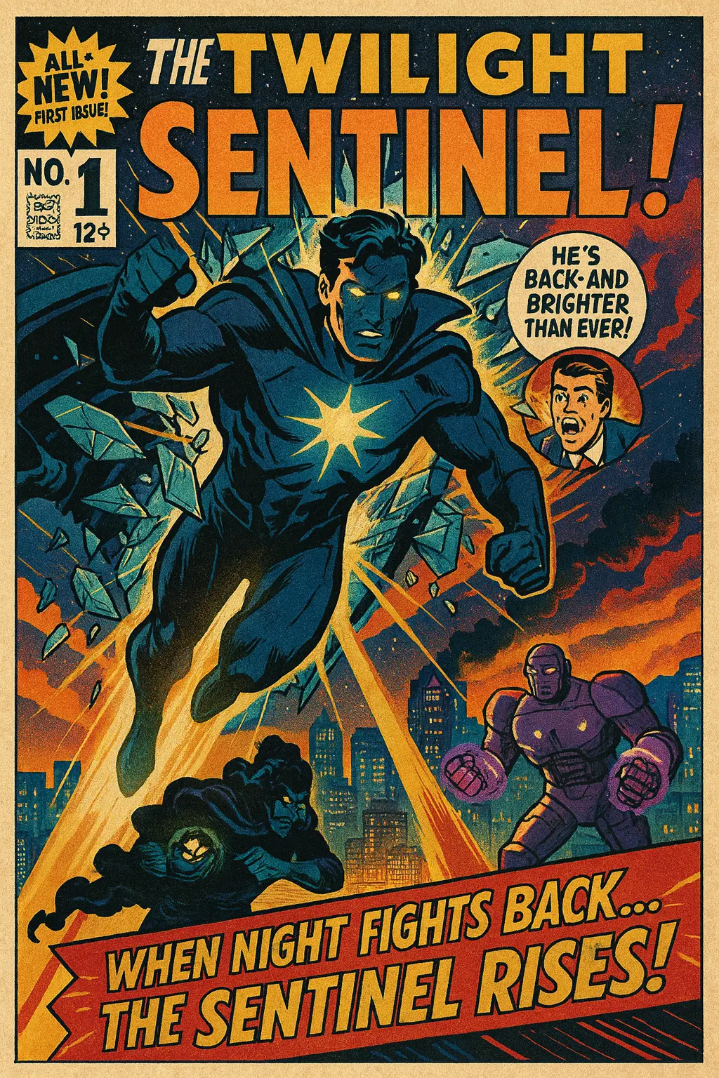 Cover of an action-adventure superhero cartoon comic built with AI, featuring heroes and villains.