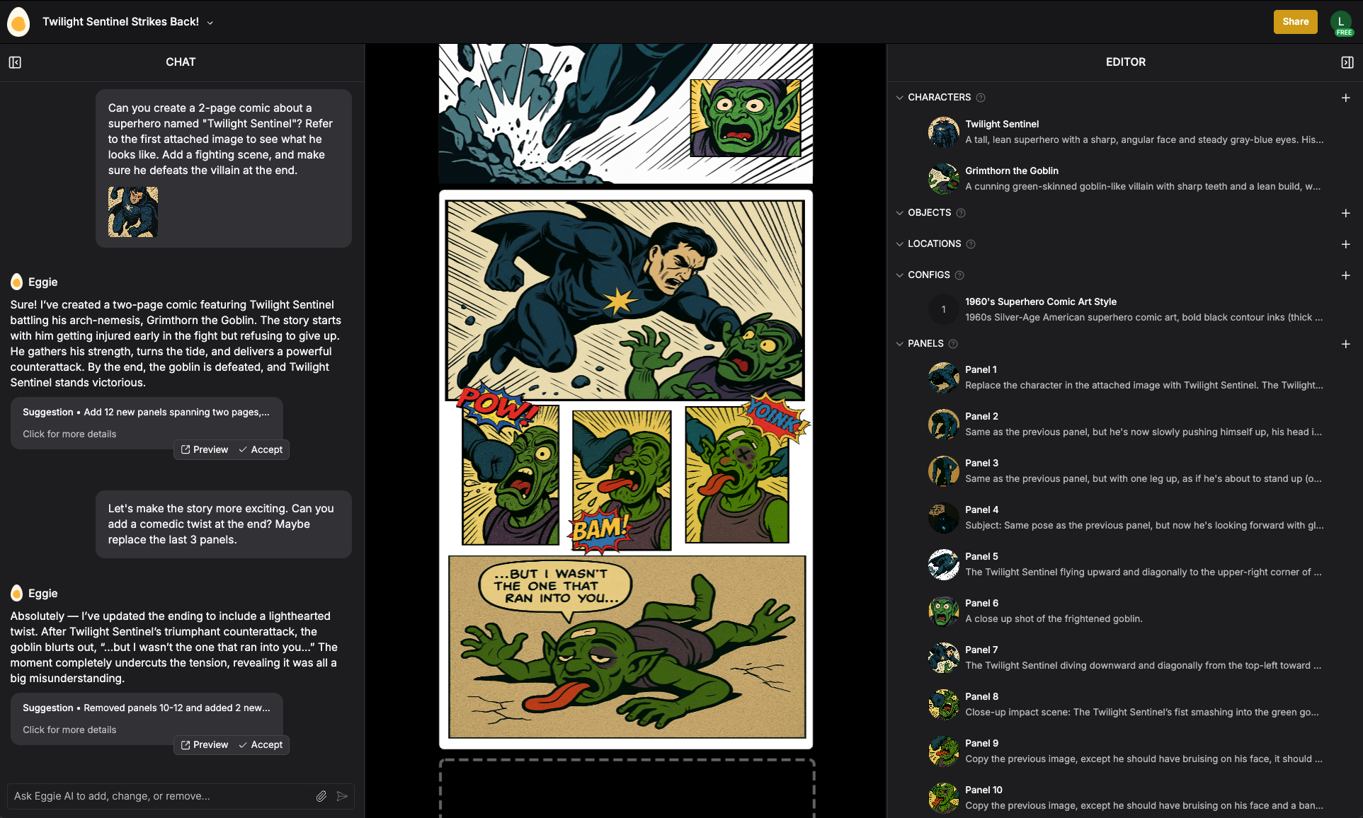 Screenshot of Eggie's app interface displaying the AI comic & story editor and workflow for designing characters, locations, and panels.